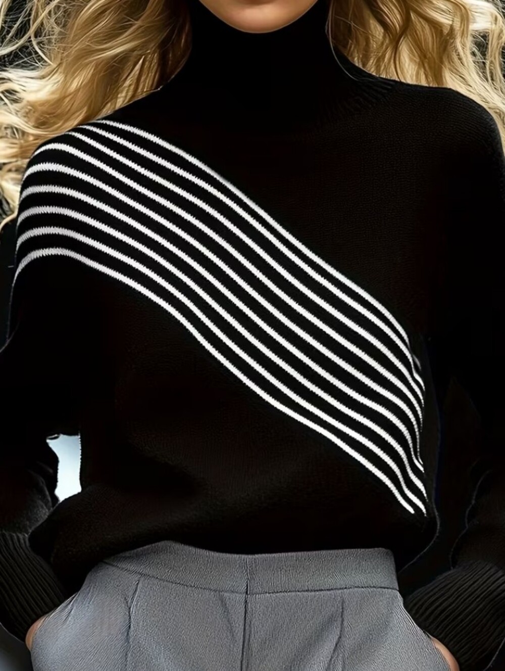 Women's Striped High-Neck Casual Pullover